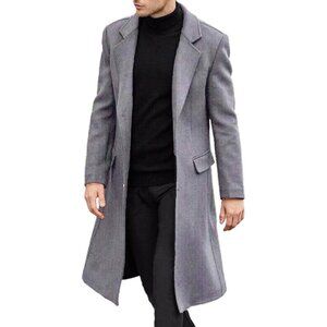 Men's Grey Slim Fit Casual Trench Coat Notched Collar Pea Coat with Pockets